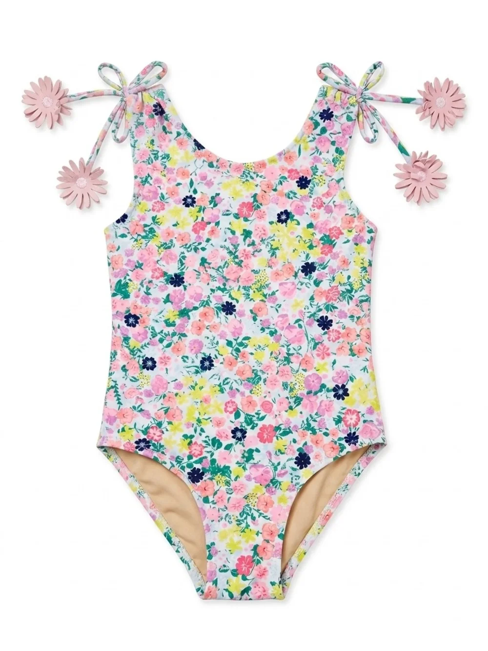 Floral Print Girls' One-Piece Swimsuit with Pink Tie Flowers